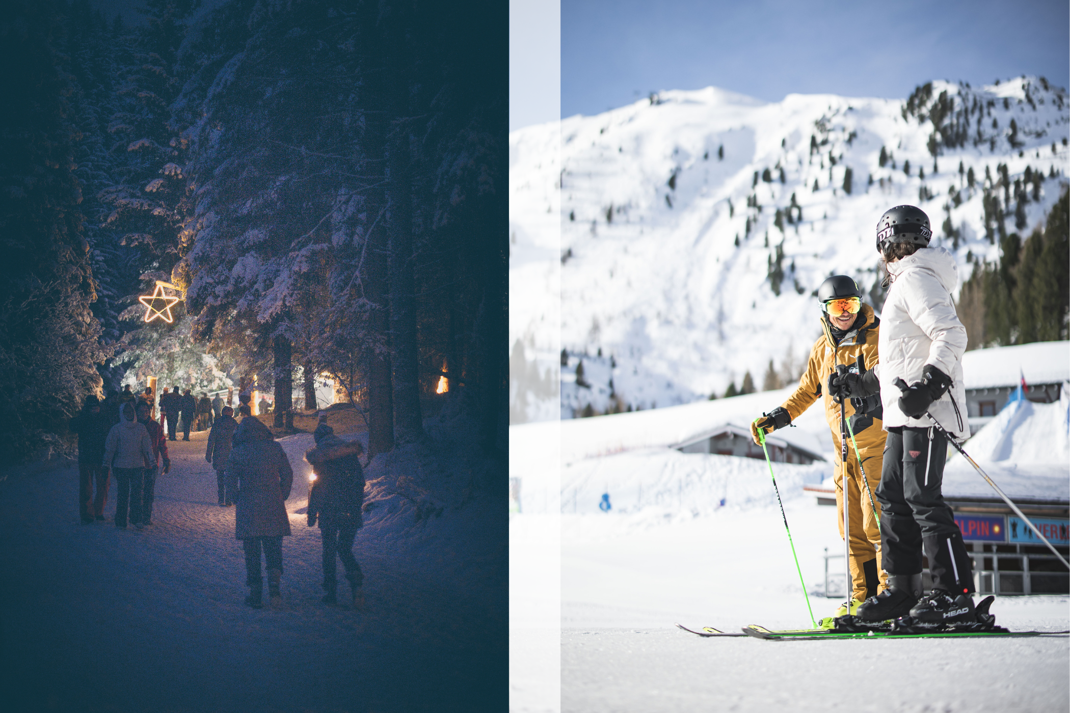 Weihnachtsmarkt im Wald und zwei Skifahrer an einem sonnigen Wintertag - Hotel Sonnleiten