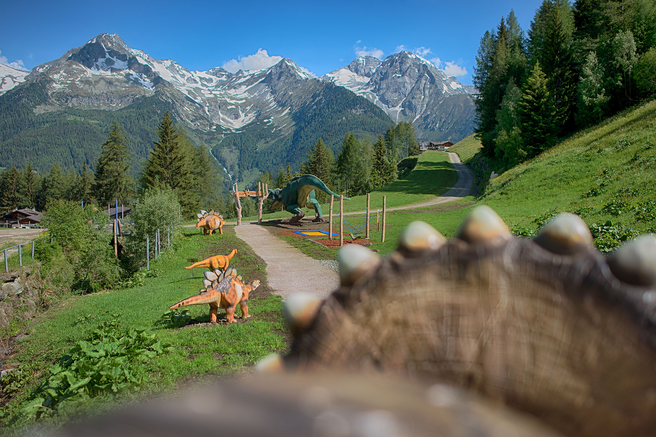 Bildergalerie - Sommermomente - Spielplatz für Kinder -Dinosaurier in grüner Landschaft - Hotel Sonnleiten
