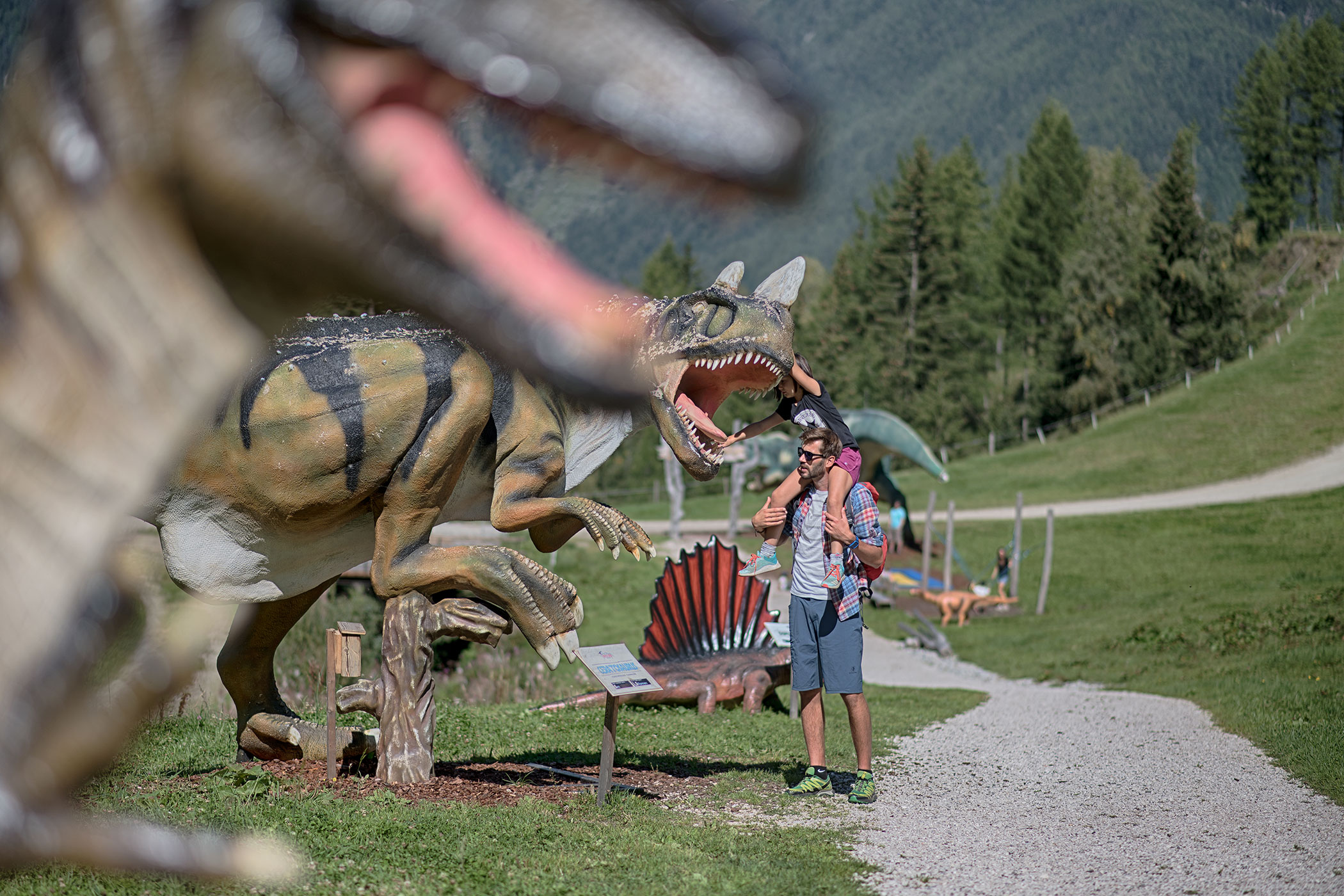 Bildergalerie -Sommermomente - Mann mit Sohn spielt bei den Dinosauriern - Hotel Sonnleiten